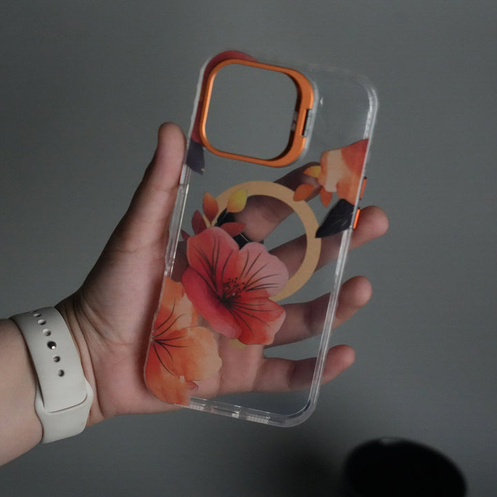 iPhone 15 Pro Max FloraCrystal Clear Floral Design Case with Color Metal Camera Stand Frame