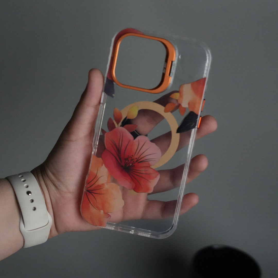 iPhone 15 Pro FloraCrystal Clear Floral Design Case with Color Metal Camera Stand Frame