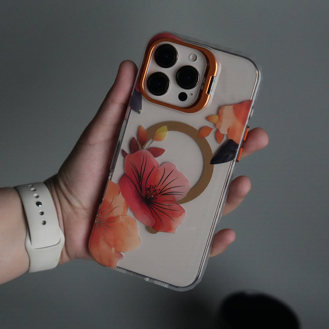 iPhone 16 Pro Max FloraCrystal Clear Floral Design Case with Color Metal Camera Stand Frame