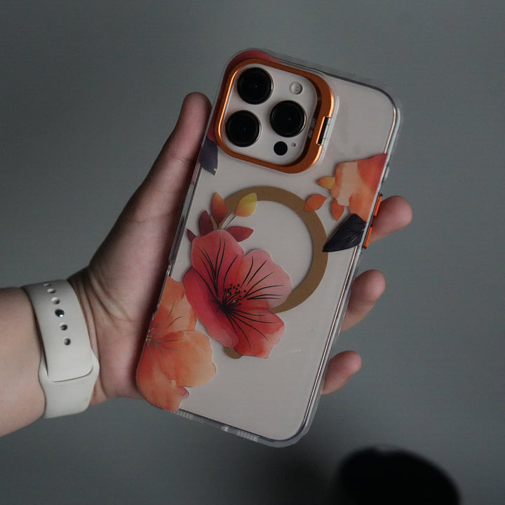 iPhone 15 Pro FloraCrystal Clear Floral Design Case with Color Metal Camera Stand Frame