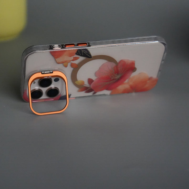 iPhone 16 Pro Max FloraCrystal Clear Floral Design Case with Color Metal Camera Stand Frame