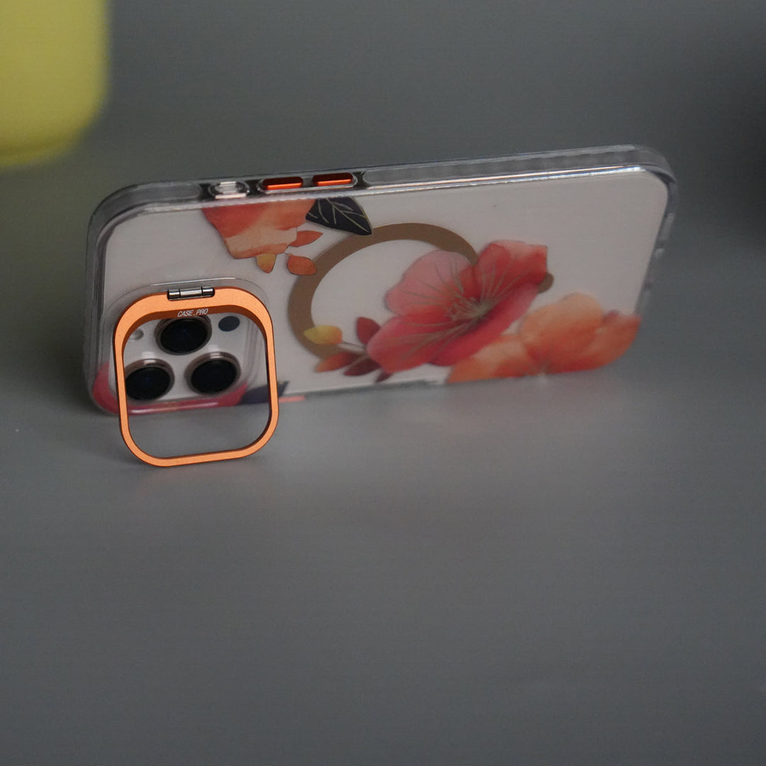 iPhone 15 Pro FloraCrystal Clear Floral Design Case with Color Metal Camera Stand Frame