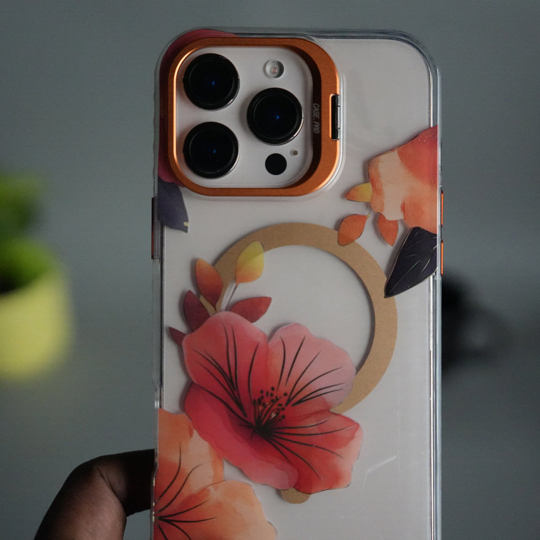 iPhone 16 Pro Max FloraCrystal Clear Floral Design Case with Color Metal Camera Stand Frame