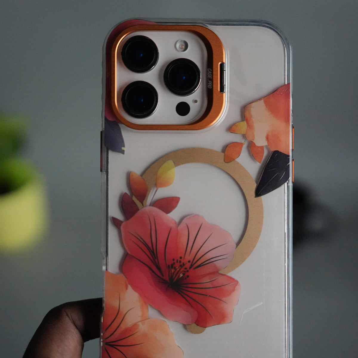 iPhone 15 Pro FloraCrystal Clear Floral Design Case with Color Metal Camera Stand Frame