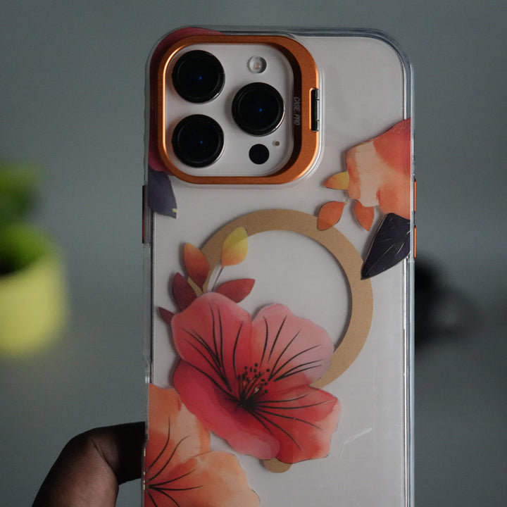 iPhone 15 Pro Max FloraCrystal Clear Floral Design Case with Color Metal Camera Stand Frame