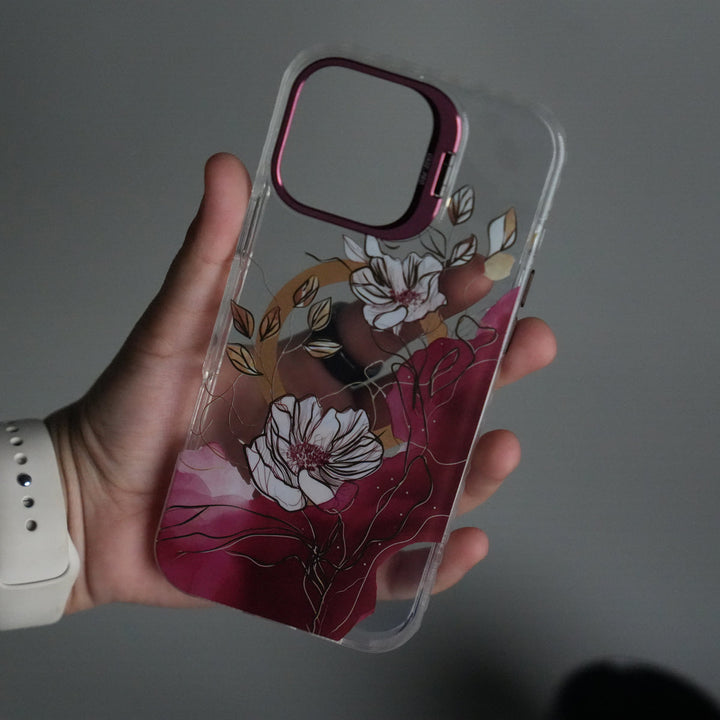 iPhone 15 Pro Max FloraCrystal Clear Floral Design Case with Color Metal Camera Stand Frame