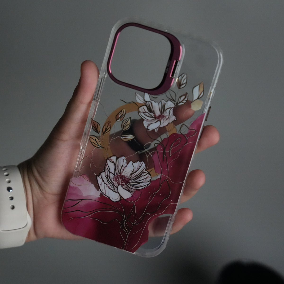 iPhone 15 Pro FloraCrystal Clear Floral Design Case with Color Metal Camera Stand Frame