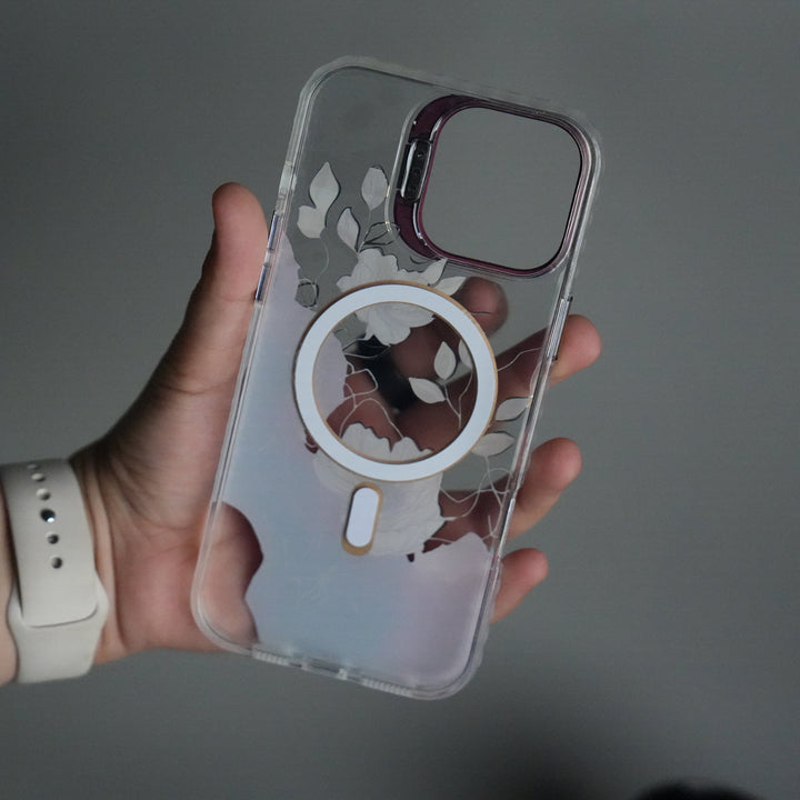 iPhone 16 Pro Max FloraCrystal Clear Floral Design Case with Color Metal Camera Stand Frame