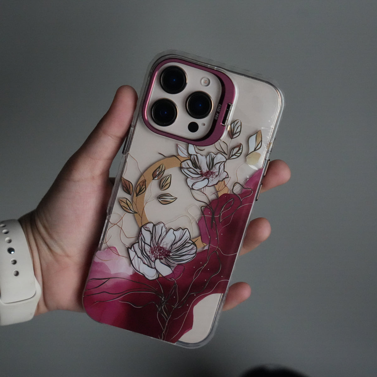 iPhone 15 Pro Max FloraCrystal Clear Floral Design Case with Color Metal Camera Stand Frame