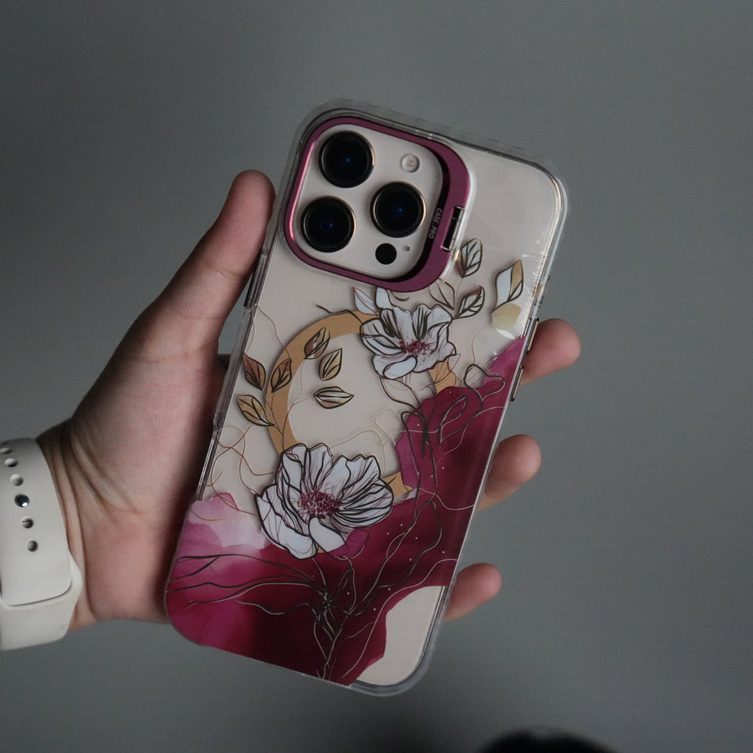 iPhone 15 Pro FloraCrystal Clear Floral Design Case with Color Metal Camera Stand Frame