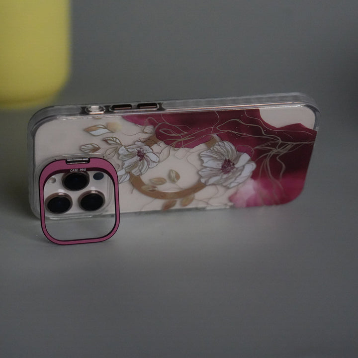 iPhone 15 Pro Max FloraCrystal Clear Floral Design Case with Color Metal Camera Stand Frame