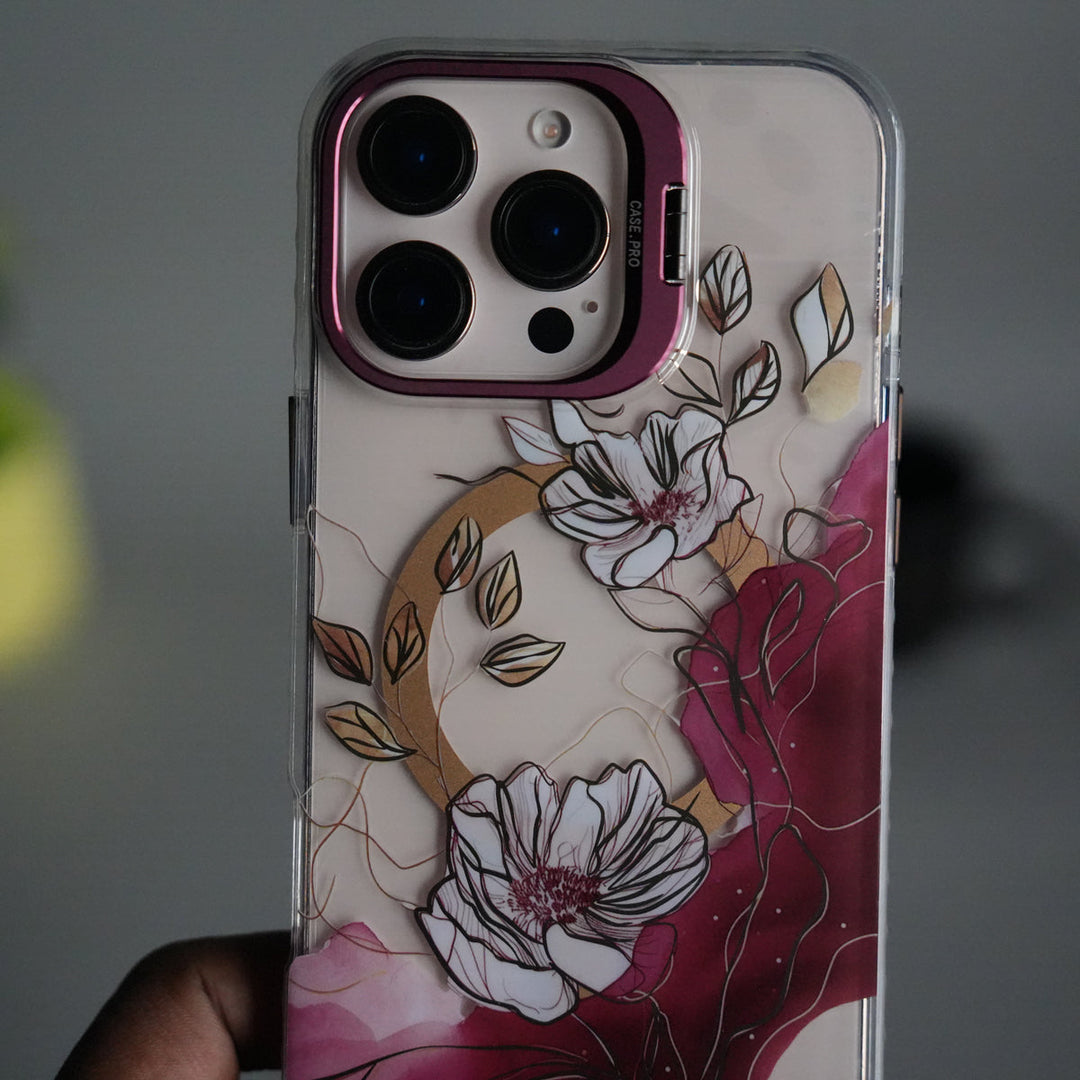 iPhone 16 Pro Max FloraCrystal Clear Floral Design Case with Color Metal Camera Stand Frame