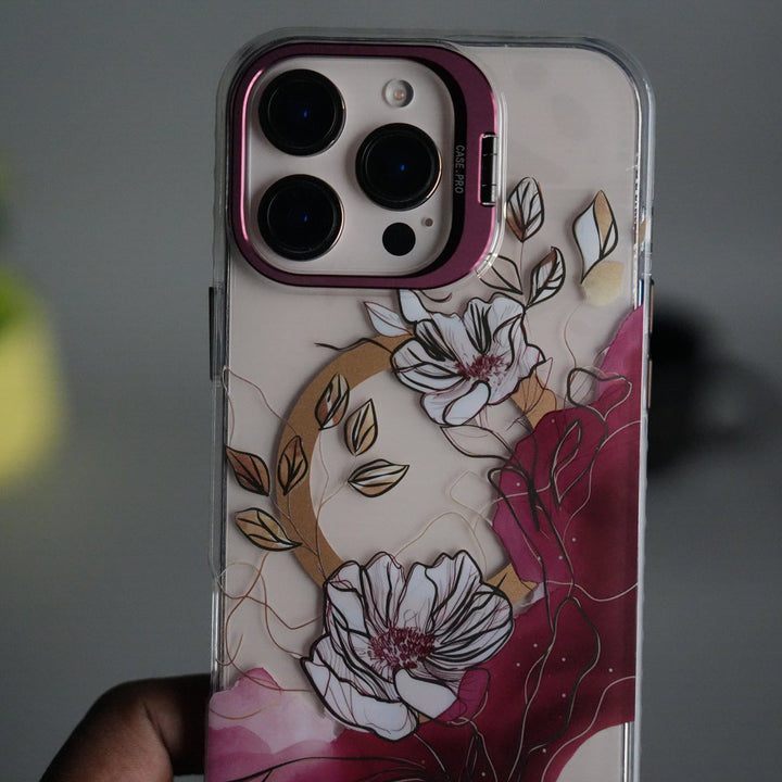 iPhone 16 Pro Max FloraCrystal Clear Floral Design Case with Color Metal Camera Stand Frame