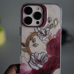 iPhone 15 Pro FloraCrystal Clear Floral Design Case with Color Metal Camera Stand Frame