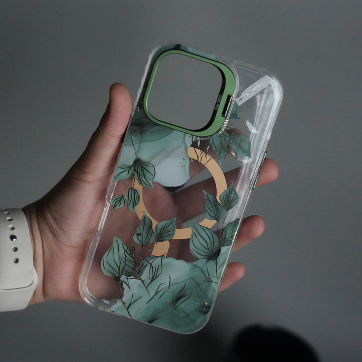 iPhone 16 Pro Max FloraCrystal Clear Floral Design Case with Color Metal Camera Stand Frame