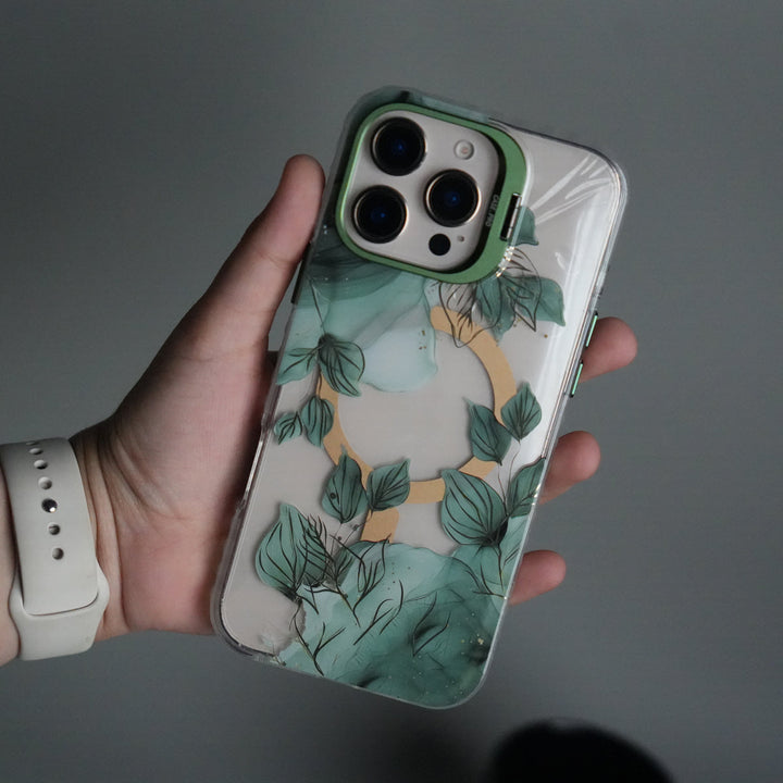 iPhone 15 Pro FloraCrystal Clear Floral Design Case with Color Metal Camera Stand Frame