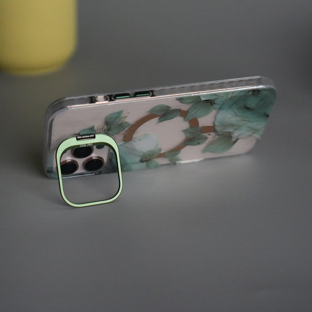 iPhone 16 Pro Max FloraCrystal Clear Floral Design Case with Color Metal Camera Stand Frame