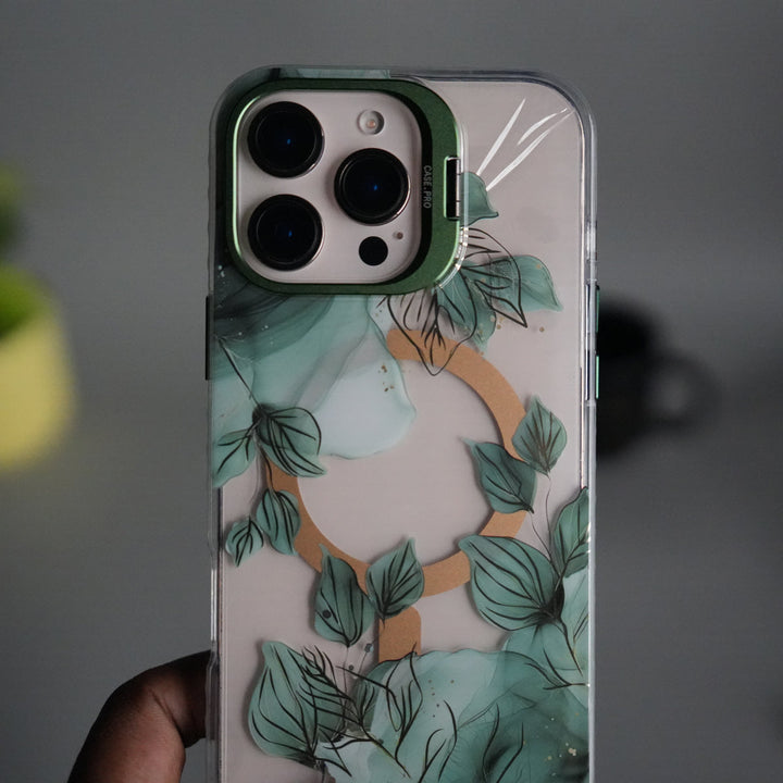iPhone 15 Pro FloraCrystal Clear Floral Design Case with Color Metal Camera Stand Frame