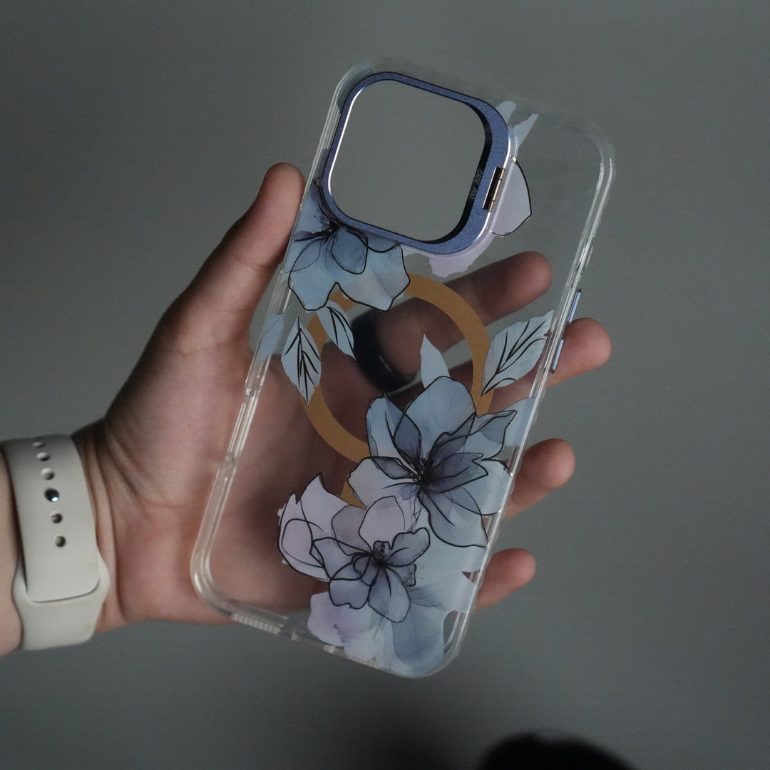 iPhone 15 Pro FloraCrystal Clear Floral Design Case with Color Metal Camera Stand Frame