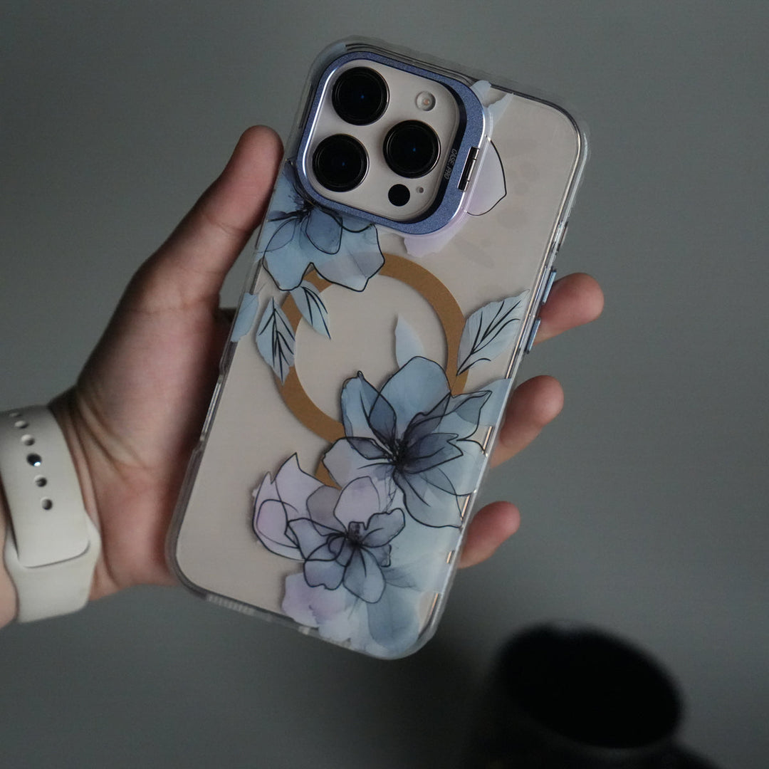 iPhone 15 Pro FloraCrystal Clear Floral Design Case with Color Metal Camera Stand Frame