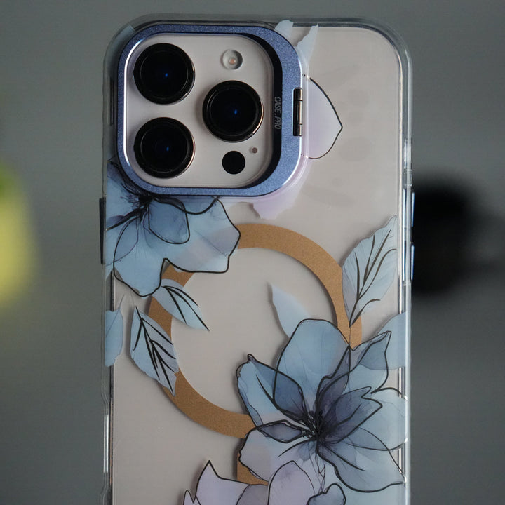 iPhone 15 Pro Max FloraCrystal Clear Floral Design Case with Color Metal Camera Stand Frame