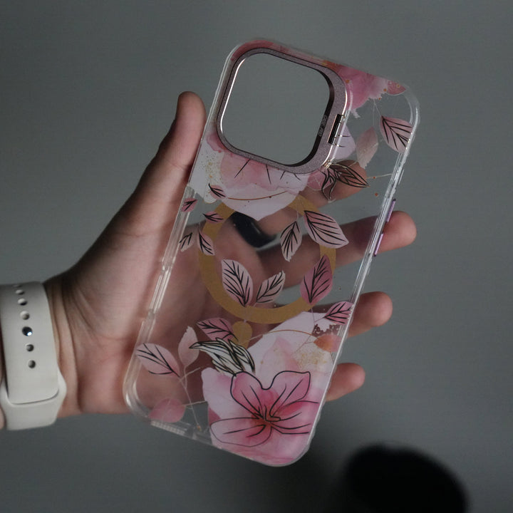 iPhone 15 Pro Max FloraCrystal Clear Floral Design Case with Color Metal Camera Stand Frame