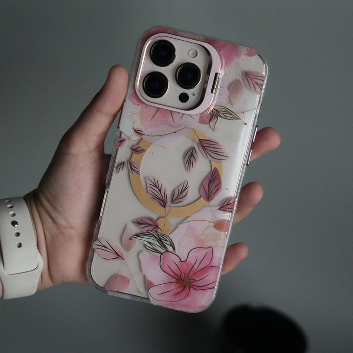 iPhone 15 Pro FloraCrystal Clear Floral Design Case with Color Metal Camera Stand Frame