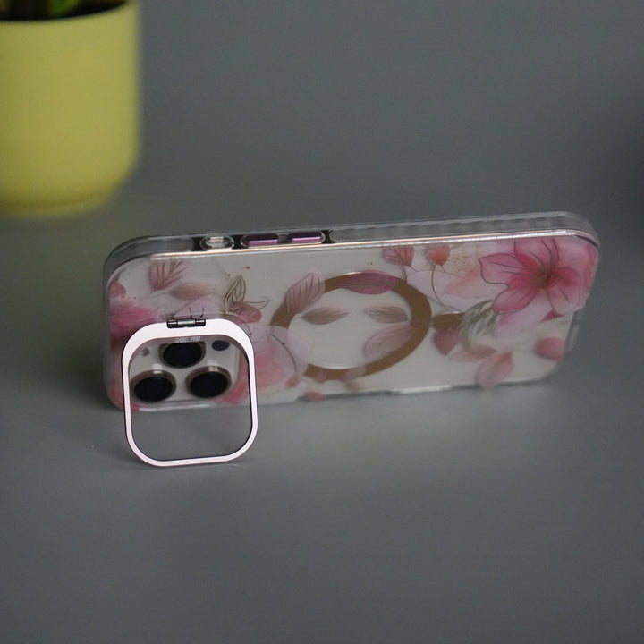 iPhone 16 Pro Max FloraCrystal Clear Floral Design Case with Color Metal Camera Stand Frame