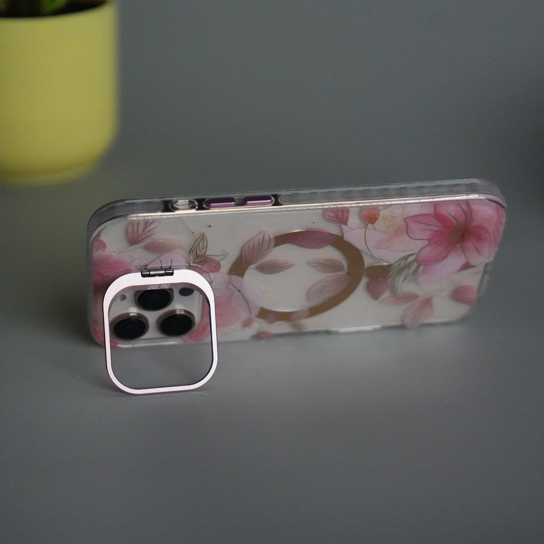 iPhone 15 Pro Max FloraCrystal Clear Floral Design Case with Color Metal Camera Stand Frame