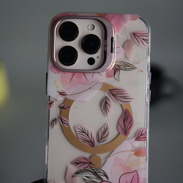 iPhone 15 Pro FloraCrystal Clear Floral Design Case with Color Metal Camera Stand Frame