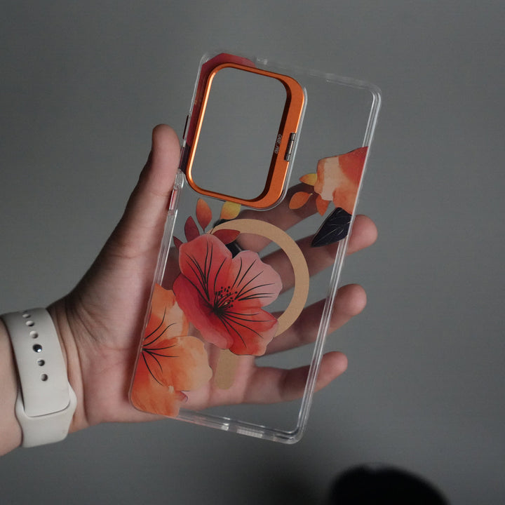 Galaxy S25 Ultra Flora Crystal Clear Floral Design Case with Color Metal Camera Stand Frame