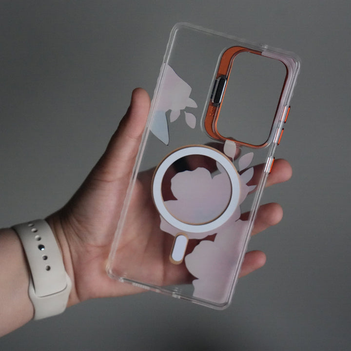 Galaxy S24 Ultra FloraCrystal Clear Floral Design Case with Color Metal Camera Stand Frame