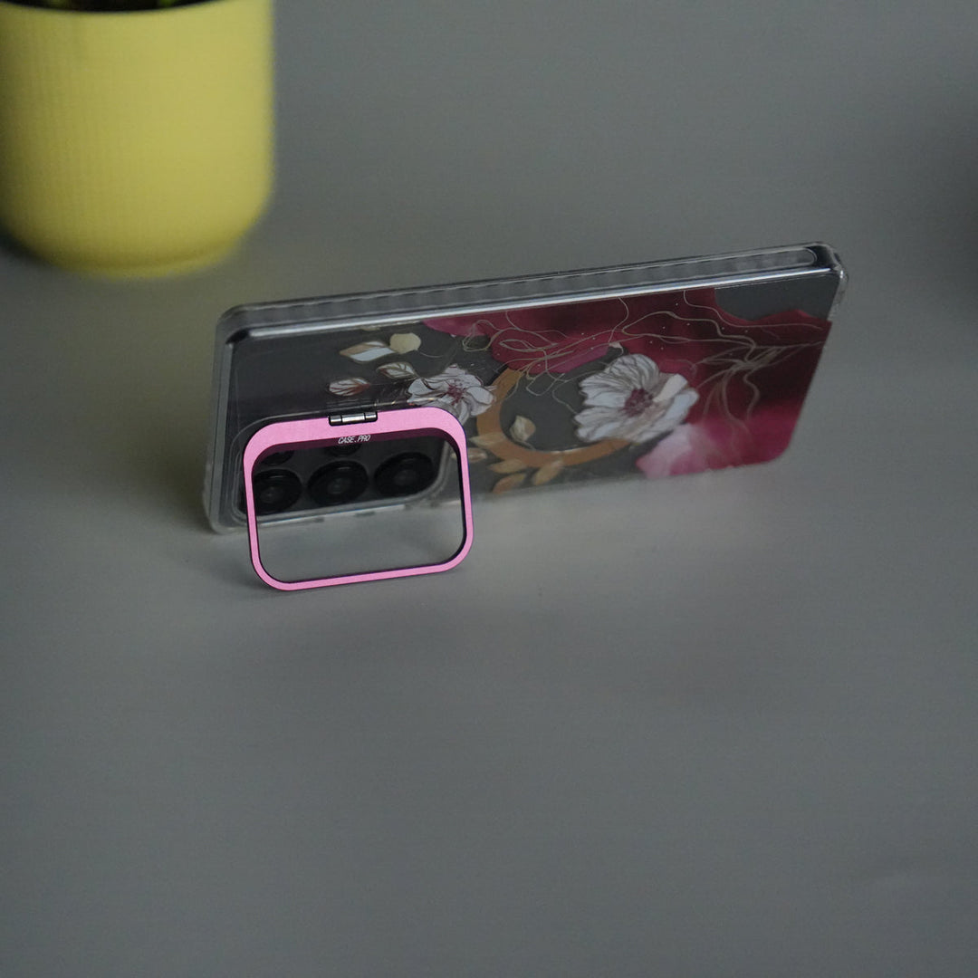 Galaxy S23 Ultra FloraCrystal Clear Floral Design Case with Color Metal Camera Stand Frame