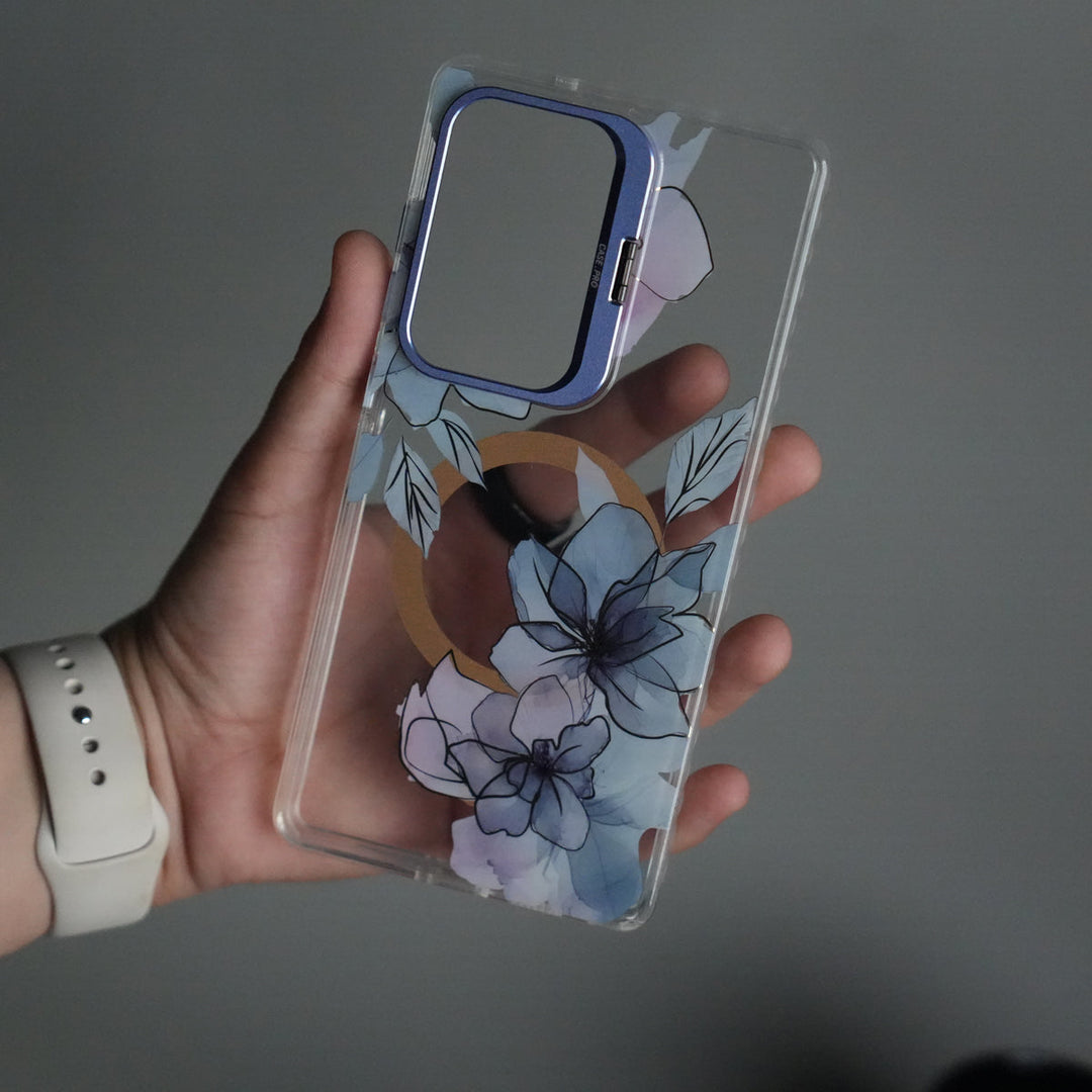 Galaxy S25 Ultra Flora Crystal Clear Floral Design Case with Color Metal Camera Stand Frame