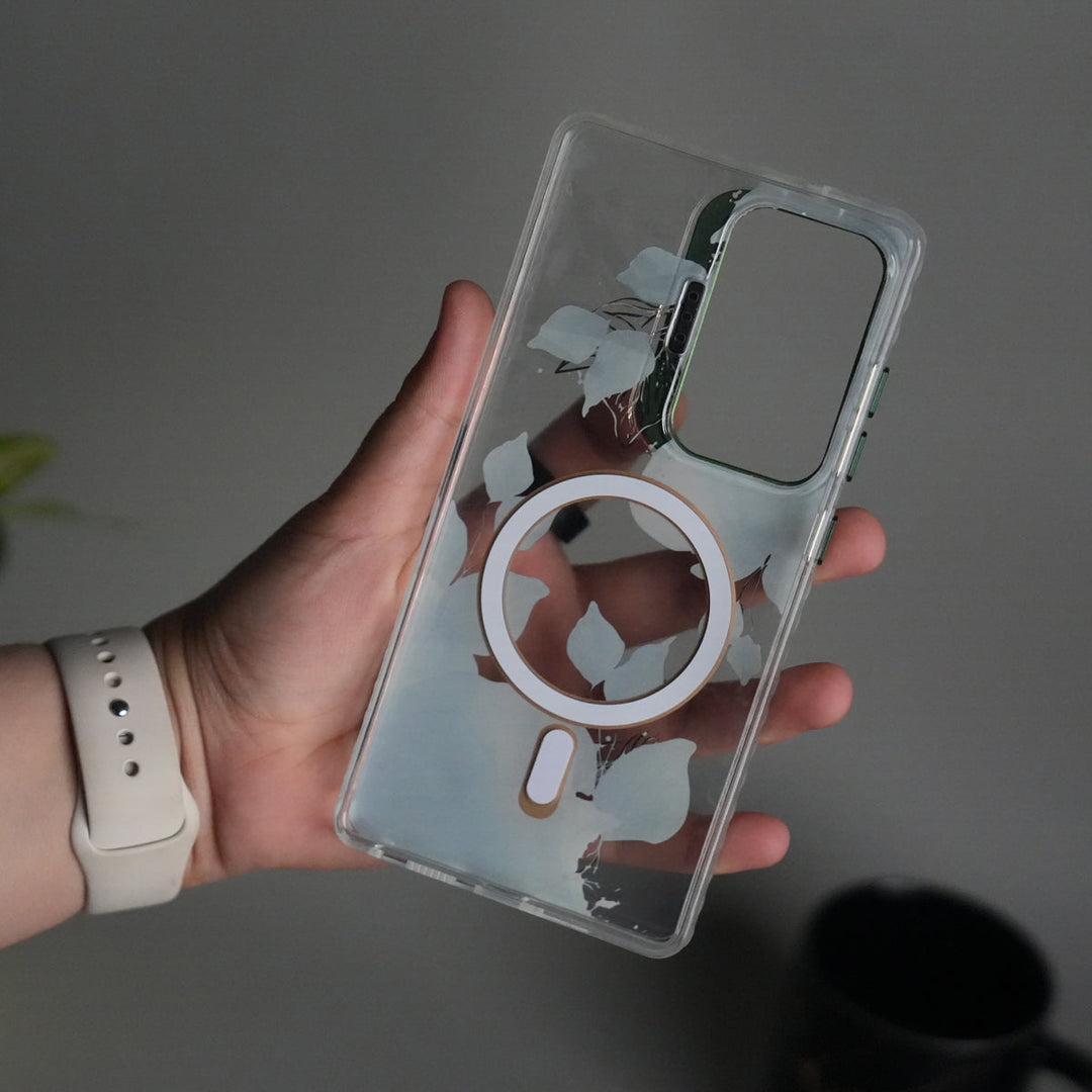 Galaxy S23 Ultra FloraCrystal Clear Floral Design Case with Color Metal Camera Stand Frame