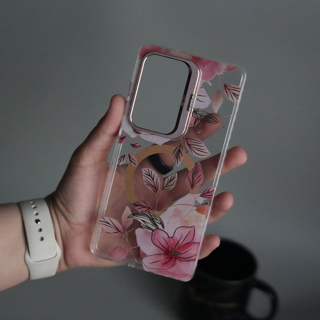 Galaxy S25 Ultra Flora Crystal Clear Floral Design Case with Color Metal Camera Stand Frame