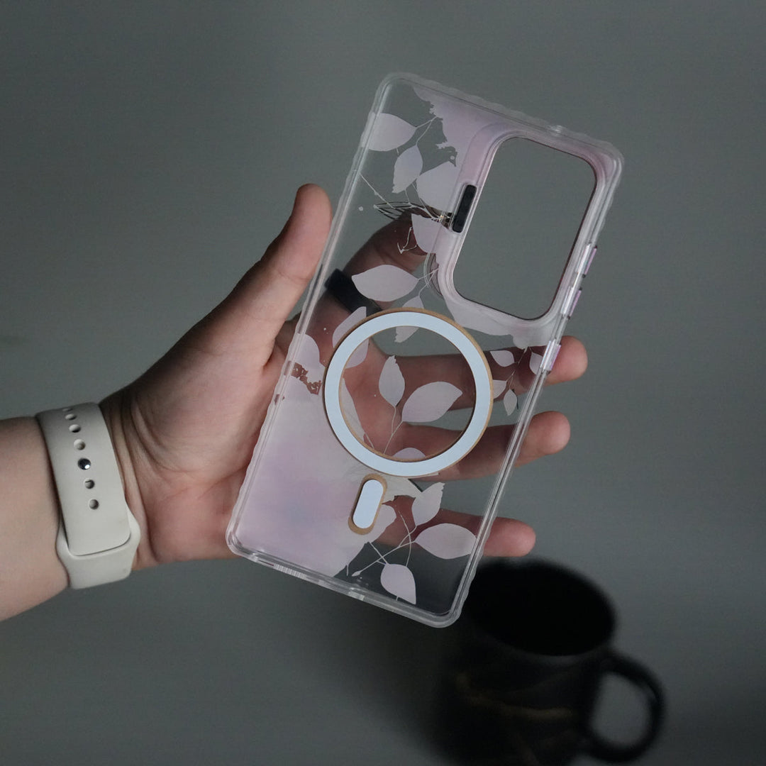 Galaxy S23 Ultra FloraCrystal Clear Floral Design Case with Color Metal Camera Stand Frame