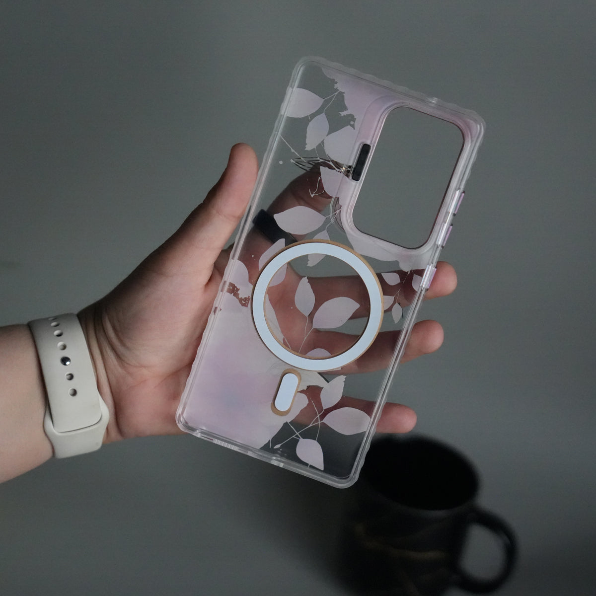 Galaxy S23 Ultra FloraCrystal Clear Floral Design Case with Color Metal Camera Stand Frame