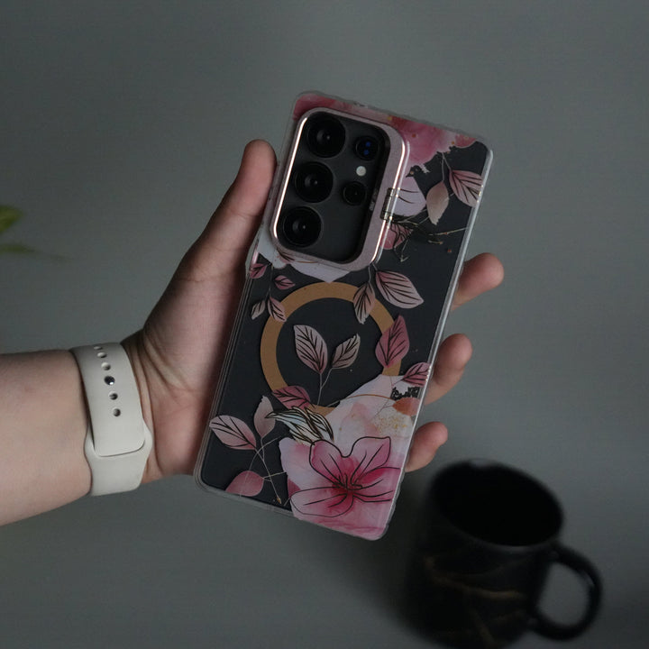 Galaxy S24 Ultra FloraCrystal Clear Floral Design Case with Color Metal Camera Stand Frame