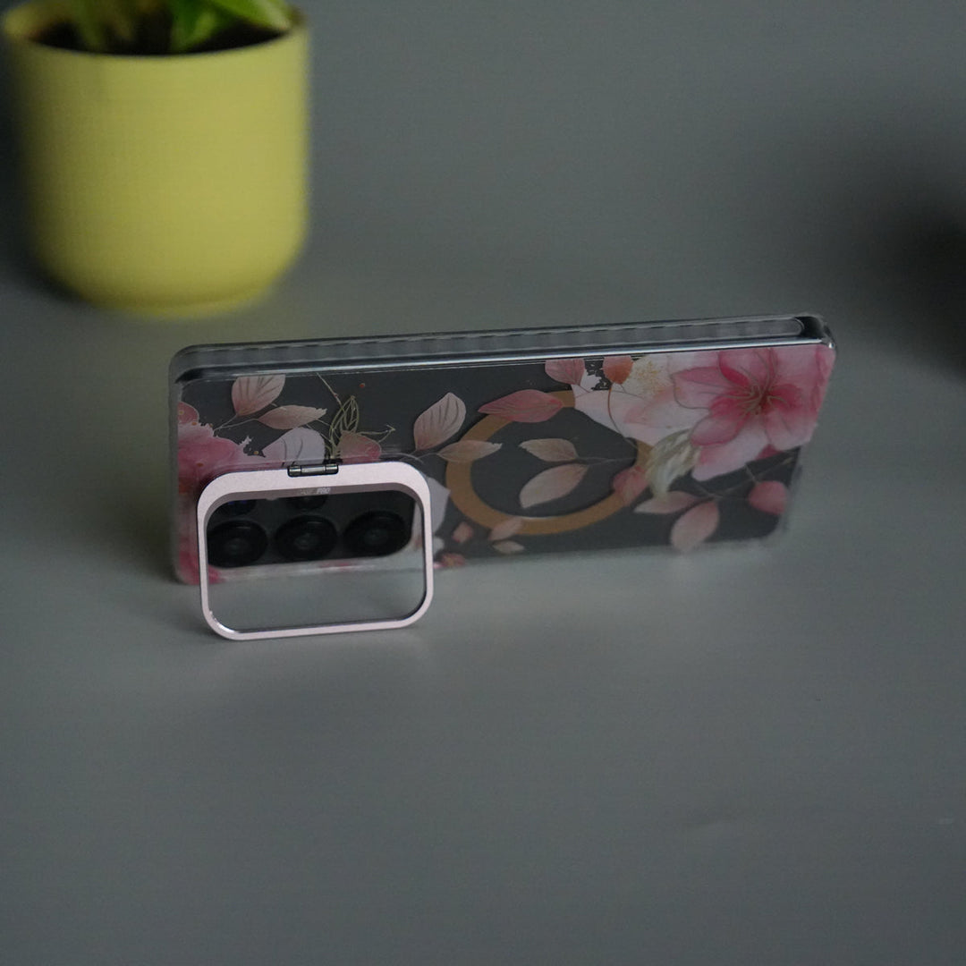 Galaxy S25 Ultra Flora Crystal Clear Floral Design Case with Color Metal Camera Stand Frame