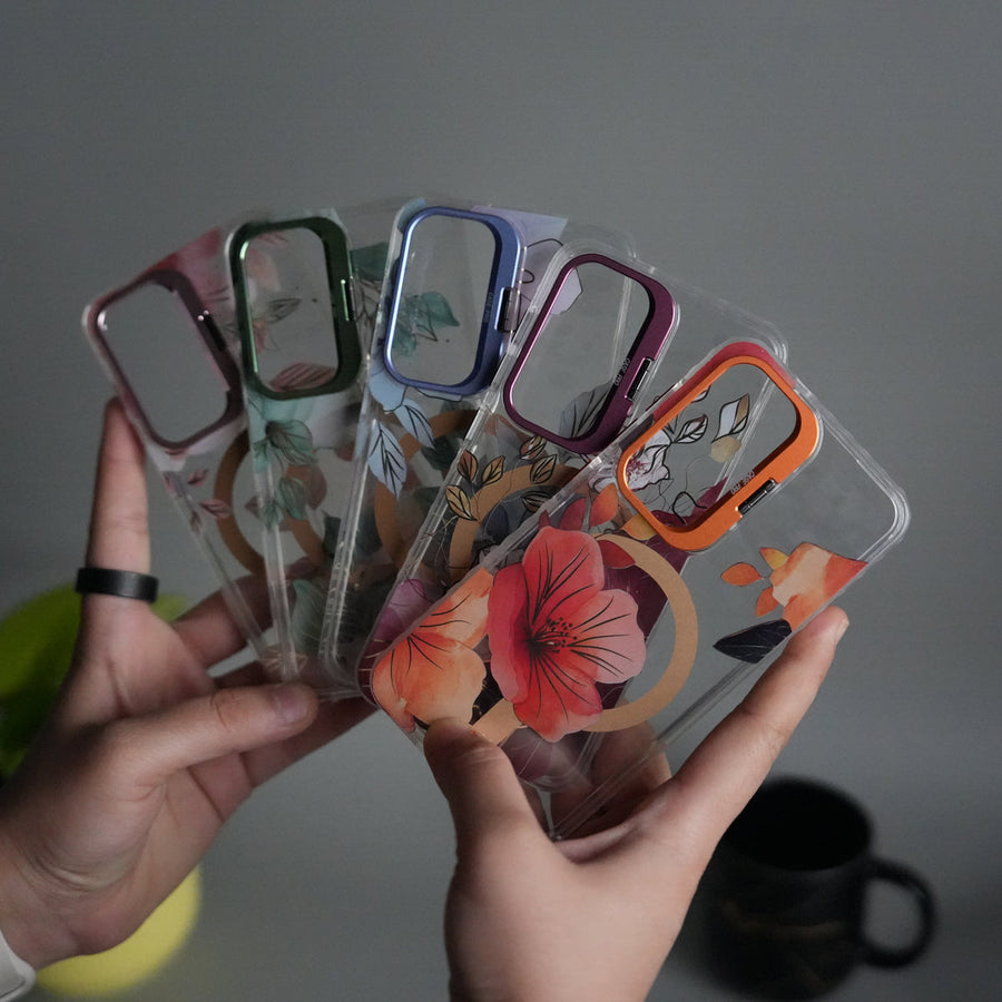 Galaxy S24 FloraCrystal Clear Floral Design Case with Color Metal Camera Stand Frame