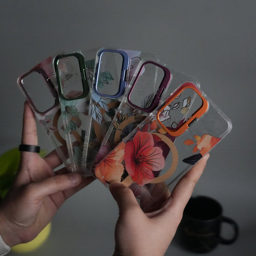 Galaxy S24 FloraCrystal Clear Floral Design Case with Color Metal Camera Stand Frame