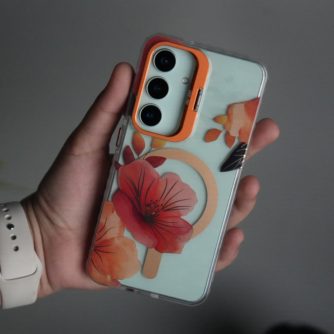 Galaxy S25 FloraCrystal Clear Floral Design Case with Color Metal Camera Stand Frame