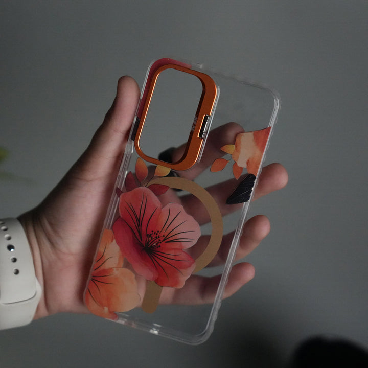 Galaxy S25 FloraCrystal Clear Floral Design Case with Color Metal Camera Stand Frame
