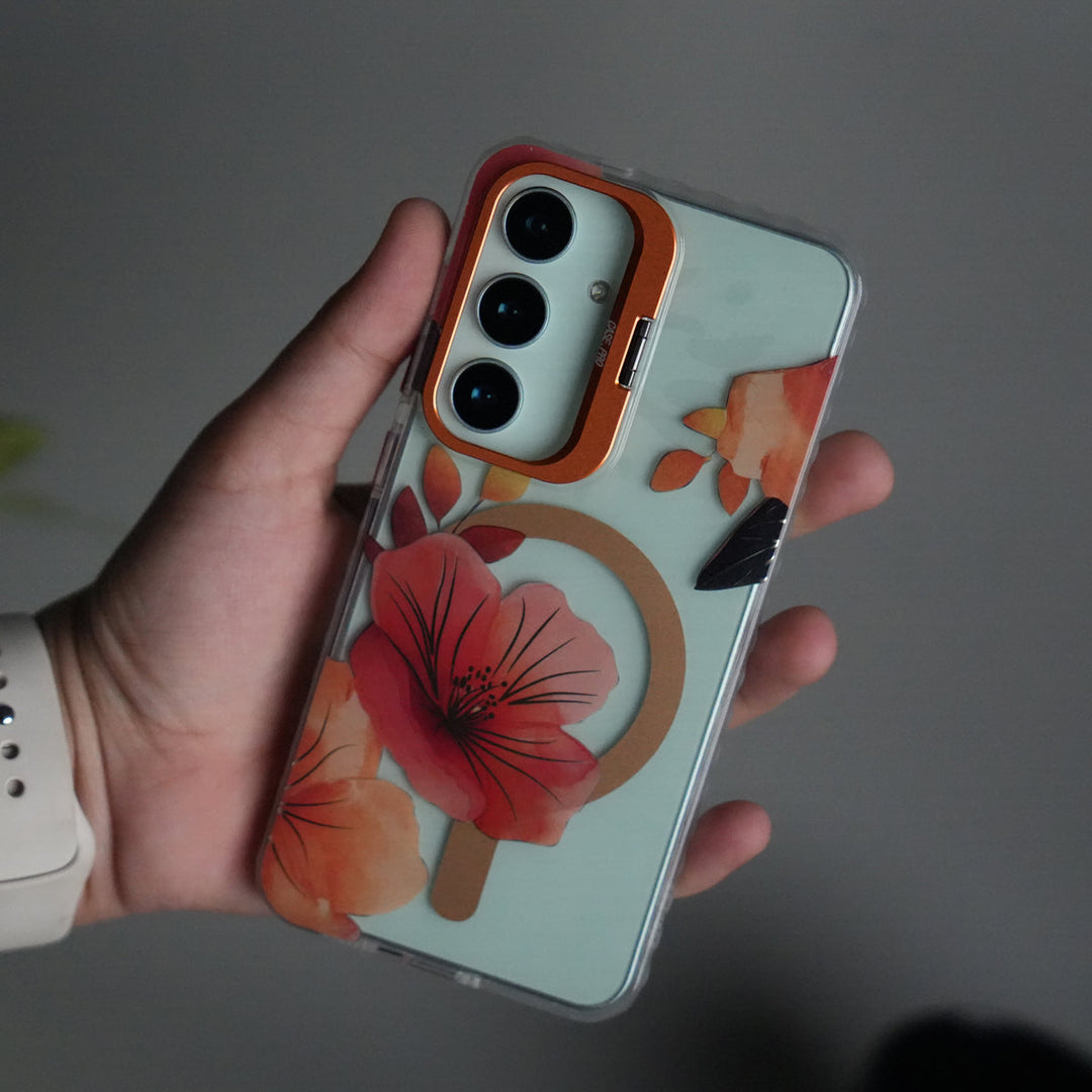 Galaxy S25 FloraCrystal Clear Floral Design Case with Color Metal Camera Stand Frame
