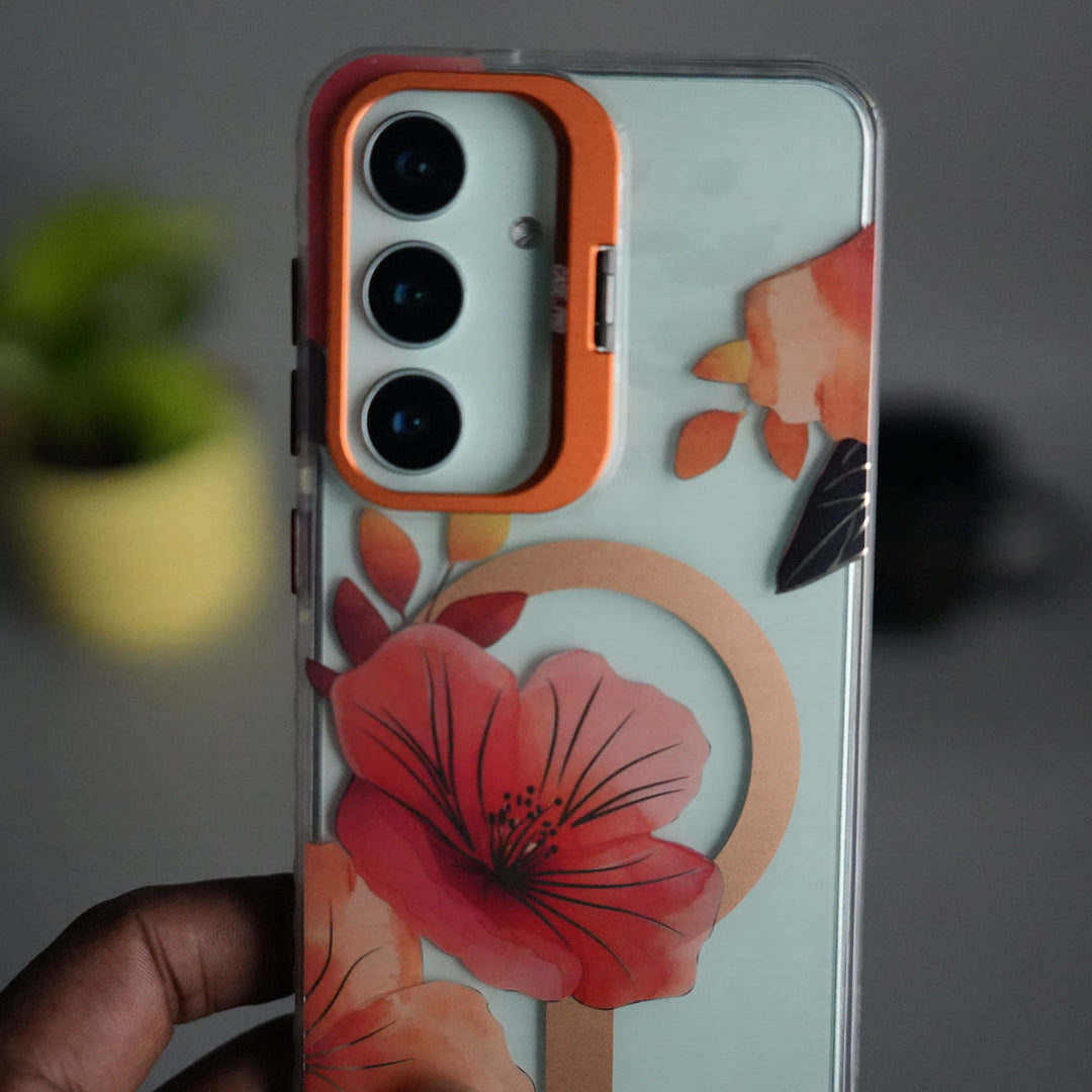 Galaxy S25 FloraCrystal Clear Floral Design Case with Color Metal Camera Stand Frame