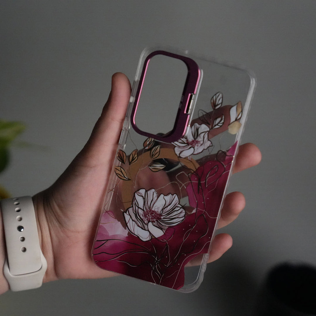 Galaxy S25 FloraCrystal Clear Floral Design Case with Color Metal Camera Stand Frame