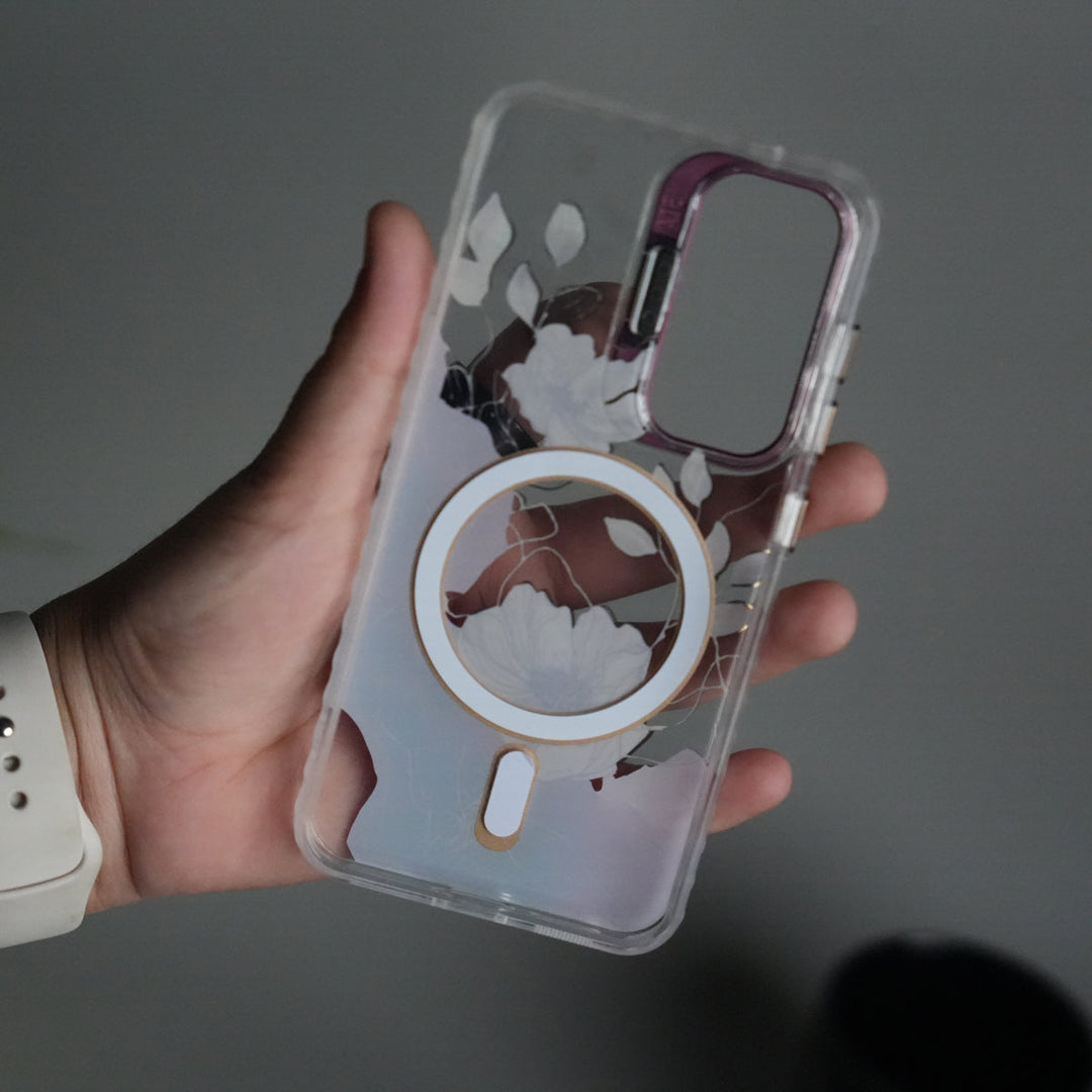 Galaxy S25 FloraCrystal Clear Floral Design Case with Color Metal Camera Stand Frame