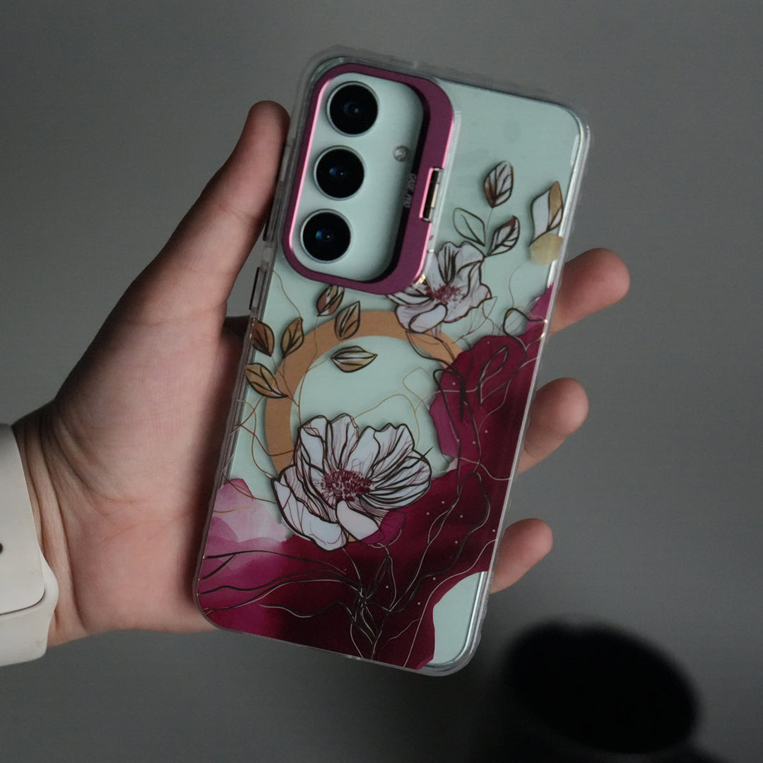 Galaxy S25 FloraCrystal Clear Floral Design Case with Color Metal Camera Stand Frame