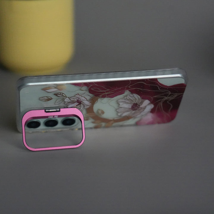 Galaxy S25 FloraCrystal Clear Floral Design Case with Color Metal Camera Stand Frame